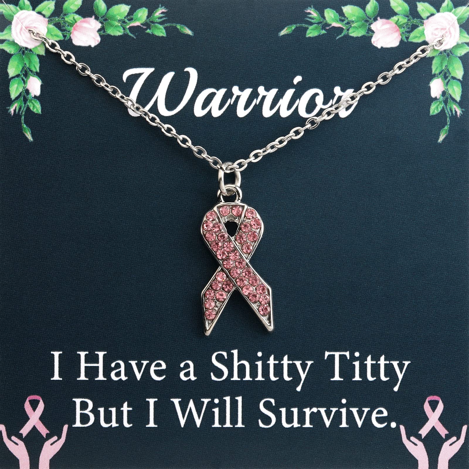 PLITI Breast Cancer Awareness Gift Cancer Survivor Gift Pink Ribbon Necklace I Have A Shitty Titty But I Will Survive Cancer Fighter Jewelry (Warrior Ribbon nec)