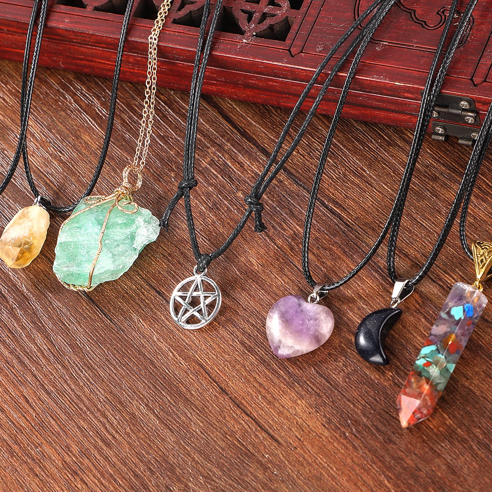 MJartoria Moon Pentagram Necklace Pentacle Crystal Chakra Necklace Charm Pendant Multi Layered Alloy Chain Choker Necklaces Set Gothic Jewelry 9PCS