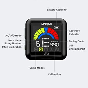 Linrax LT-2 Guitar Tuner Rechargeable Clip On Tuner for Guitar, Bass, Ukulele, Violin, Banjo, Chromatic Tuner with LCD Color Display, Digital Tuner for Stringed Instruments, Guitar Accessories, Black