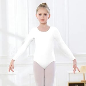 YgneeDom Girls Long Sleeve Leotard Kids Bodysuit for Dance Gymnastics Costume 3-12 Years(White,7-8)