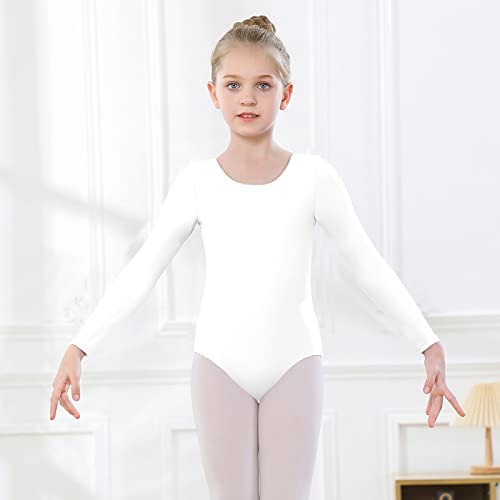 YgneeDom Girls Long Sleeve Leotard Kids Bodysuit for Dance Gymnastics Costume 3-12 Years(White,7-8)