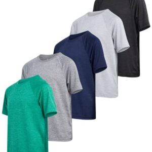 iXtreme Boys' Active T-Shirt - 5 Pack Performance Dry-Fit Short Sleeve Sports Tee - Athletic Workout Shirt for Boys (6-18), Size 6-7, Green/Navy/White/Black/Grey Marble