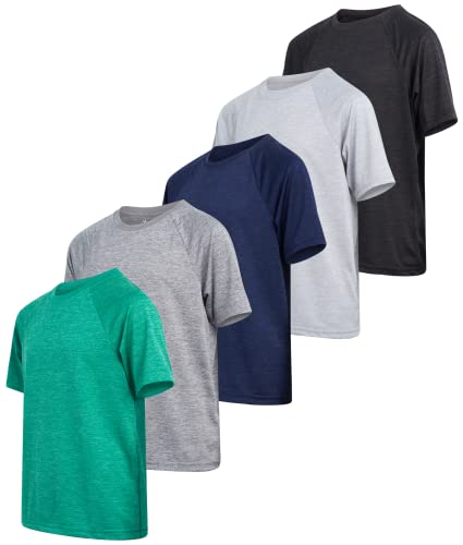 iXtreme Boys' Active T-Shirt - 5 Pack Performance Dry-Fit Short Sleeve Sports Tee - Athletic Workout Shirt for Boys (6-18), Size 6-7, Green/Navy/White/Black/Grey Marble