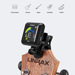 Linrax LT-2 Guitar Tuner Rechargeable Clip On Tuner for Guitar, Bass, Ukulele, Violin, Banjo, Chromatic Tuner with LCD Color Display, Digital Tuner for Stringed Instruments, Guitar Accessories, Black