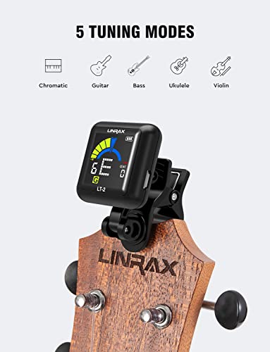 Linrax LT-2 Guitar Tuner Rechargeable Clip On Tuner for Guitar, Bass, Ukulele, Violin, Banjo, Chromatic Tuner with LCD Color Display, Digital Tuner for Stringed Instruments, Guitar Accessories, Black