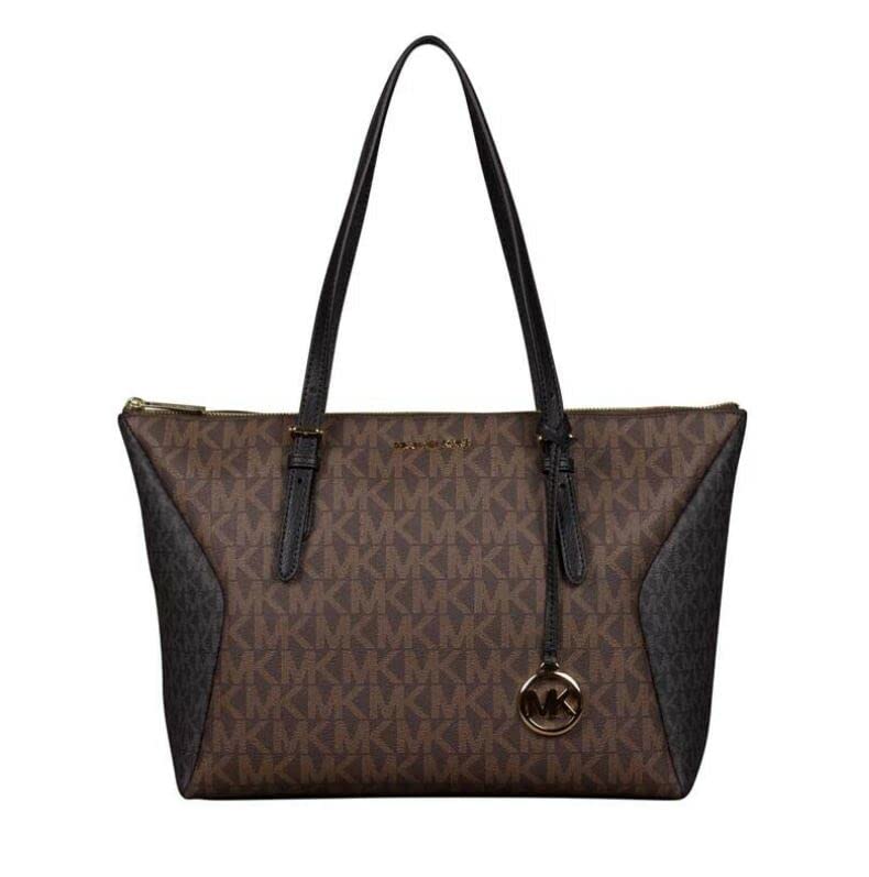 Michael Kors Coraline Large Logo and Leather Tote Bag (BROWN MULTI)