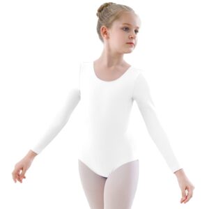 ygneedom girls long sleeve leotard kids bodysuit for dance gymnastics costume 3-12 years(white,7-8)