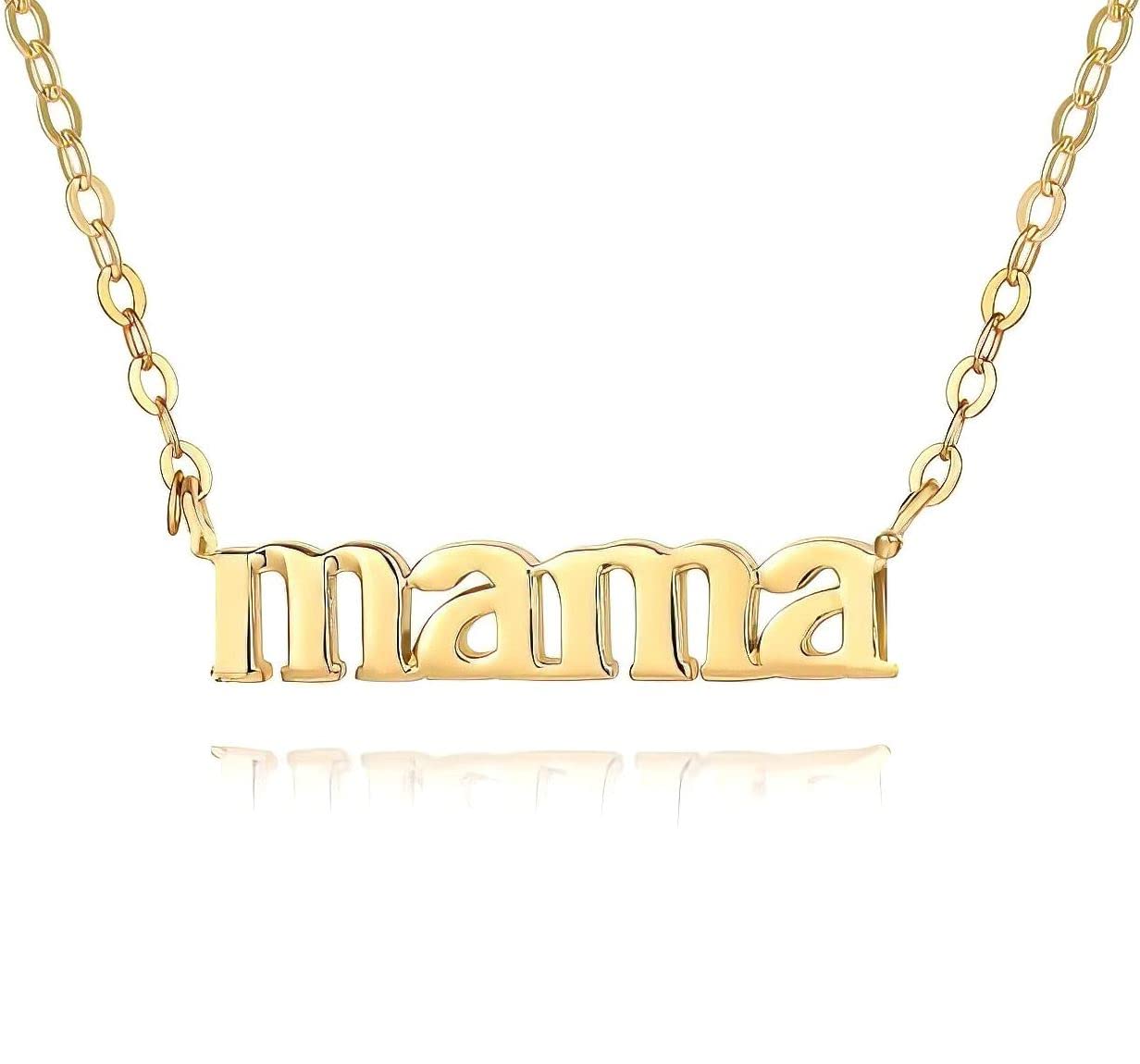 Mama Necklace for Women 18K Gold Plated Mom Pendant Stainless Steel Silver Letter Gift Personalized Jewelry for Mother and Daughter (Gold 1)