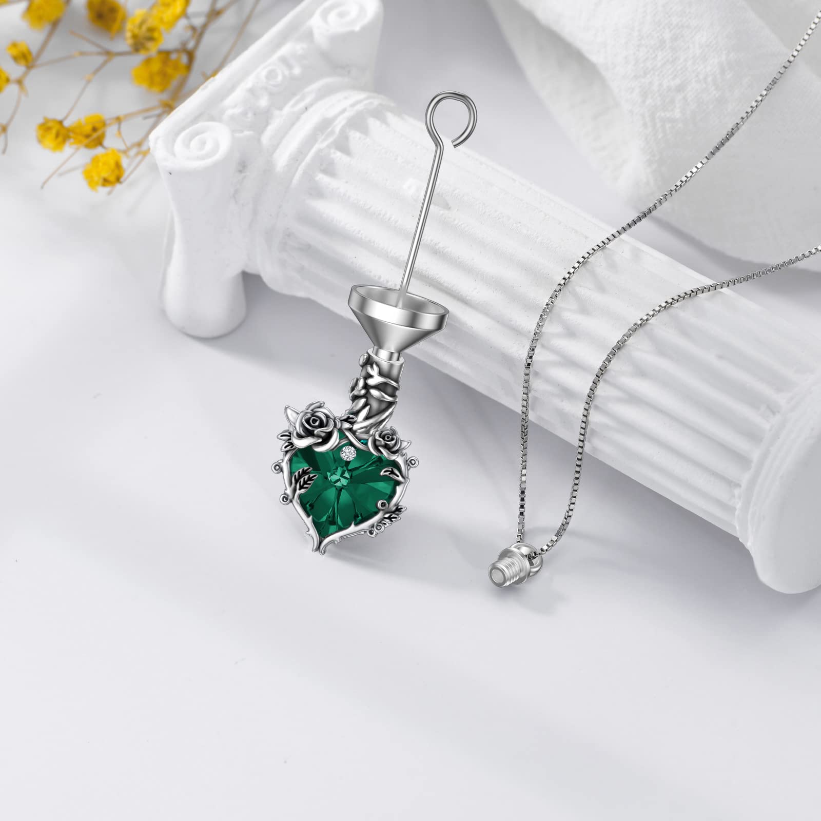 TOUPOP Emerald Rose Urn Necklace for Ashes for Women with s925 Silver Heart Crystal Rose Flower Ashes Pendant Necklaces Cremation Jewelry for Ashes Memorial Gift for Women Keepsake w/Funnel