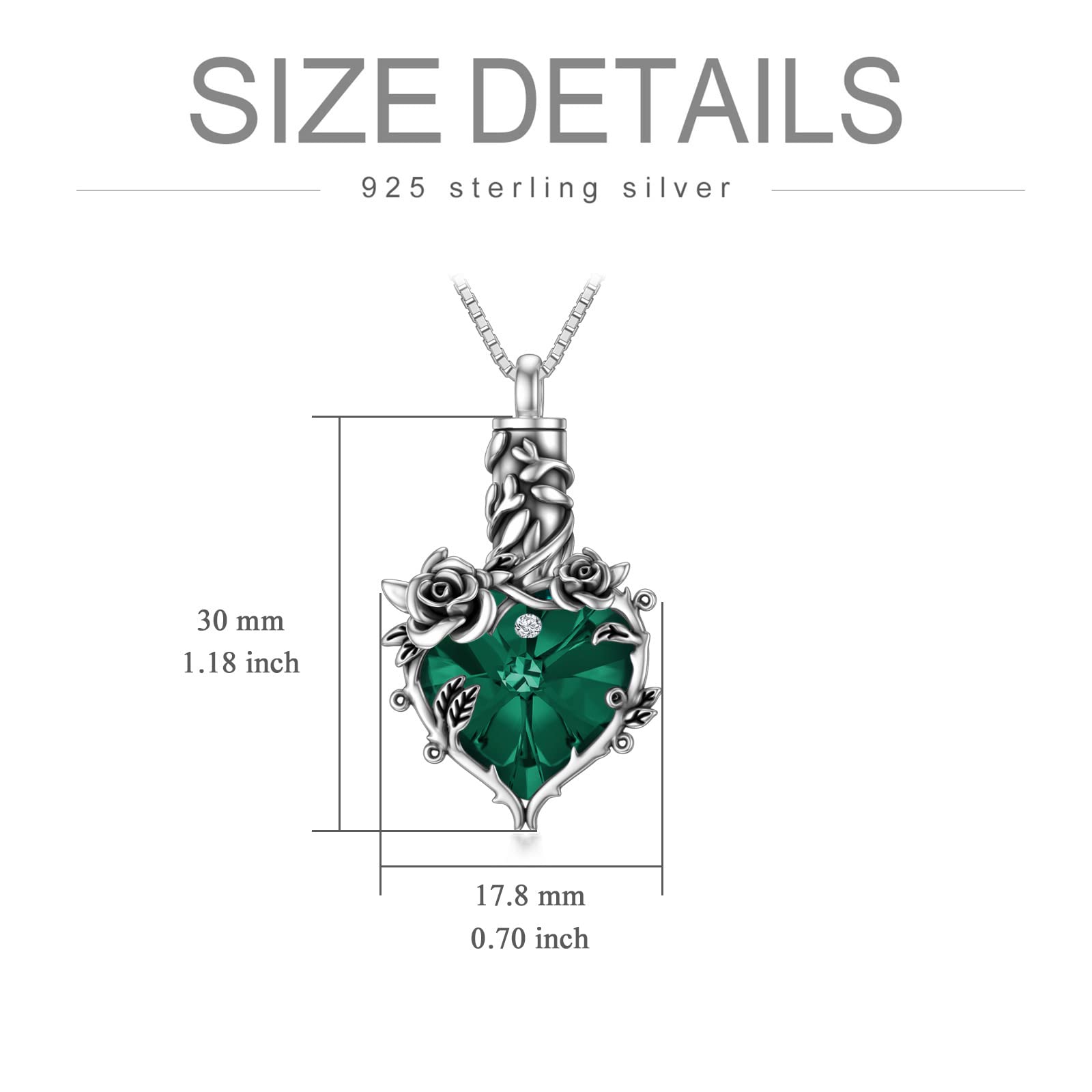 TOUPOP Emerald Rose Urn Necklace for Ashes for Women with s925 Silver Heart Crystal Rose Flower Ashes Pendant Necklaces Cremation Jewelry for Ashes Memorial Gift for Women Keepsake w/Funnel