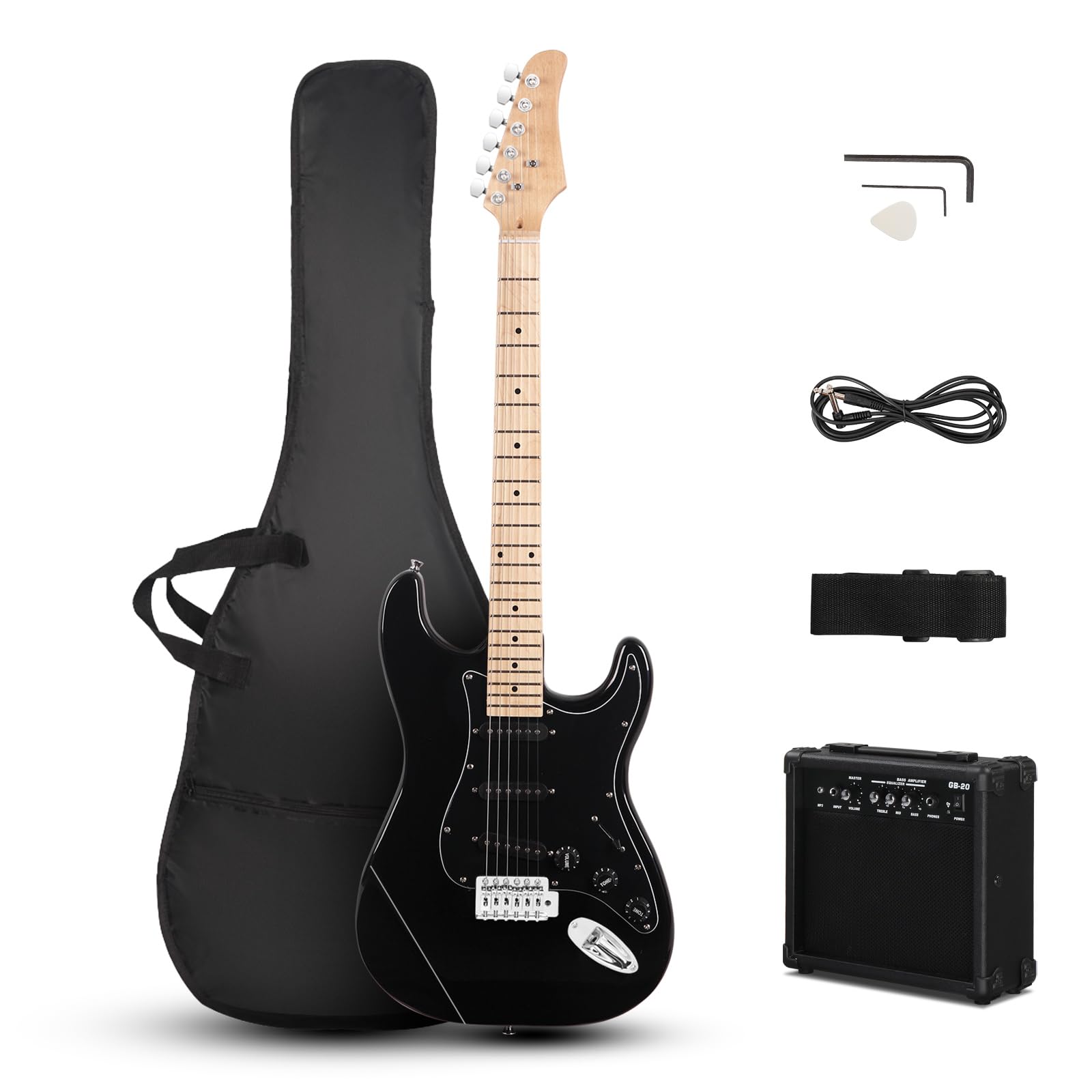 Ktaxon 39 Inch Electric Guitar Kit, Full-Size Beginner Solid Body SSS Pickups Guitar Kit with Gig Bag, 20W Amplifier, Strap, Tremolo Bar, & Cable