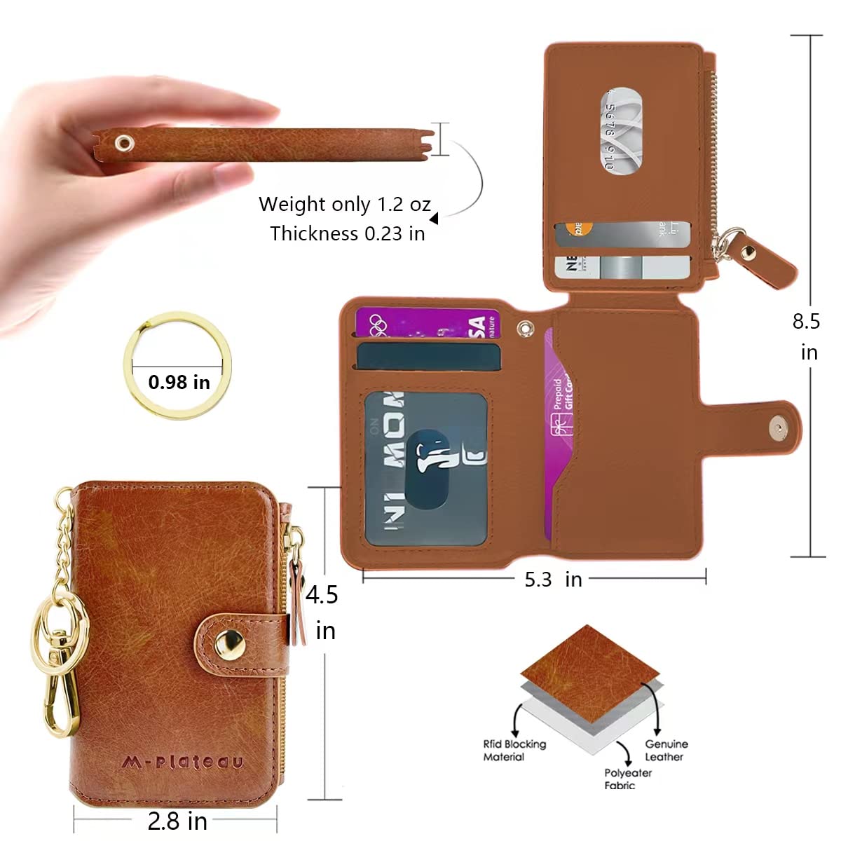 Keychain Wallet with ID Window, Small Rfid Blocking Wallet with Credit Card Holder for Women Leather Minimalist Wallet for Men (brown)