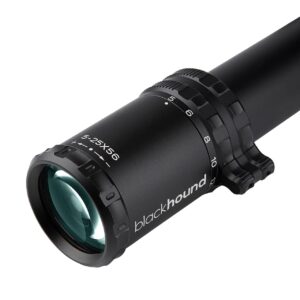 Blackhound Optics Evolve 5-25x56 FFP MIL, Illuminated 1/4 MOA Reticle, Zero Stop and Parallax with 34mm Rings, 56mm Hood and Mounting Bubble Levels