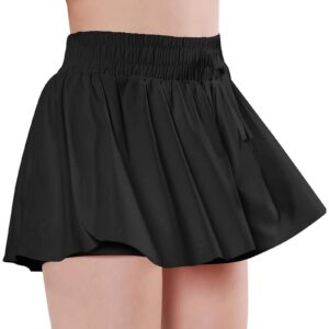 EXARUS Girls Butterfly Shorts Flowy Athletic 2 in 1 Running Skirt Skorts Dance Cheer Tennis Preppy Flutter Gym Kids Activewear Black 10Y