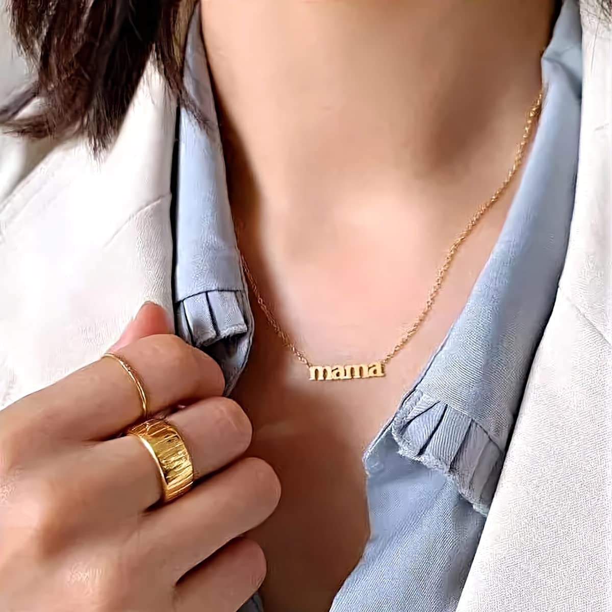 Mama Necklace for Women 18K Gold Plated Mom Pendant Stainless Steel Silver Letter Gift Personalized Jewelry for Mother and Daughter (Gold 1)