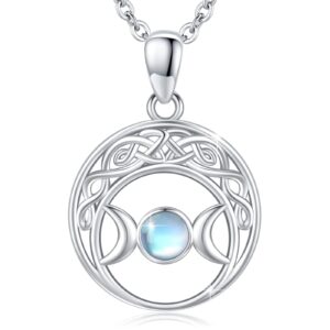 OHAYOO Triple Moon Goddess Necklace 925 Sterling Silver Celtic Moonstone Pendant Necklace Triple Moon Goddess Jewelry for Women