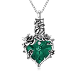 TOUPOP Emerald Rose Urn Necklace for Ashes for Women with s925 Silver Heart Crystal Rose Flower Ashes Pendant Necklaces Cremation Jewelry for Ashes Memorial Gift for Women Keepsake w/Funnel