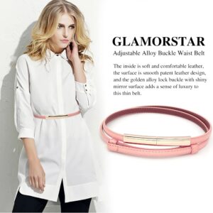 Glamorstar Women Skinny Patent Leather Slim Belt Adjustable Alloy Buckle Waist Belt for Dress (Black Pink, Fit Waist 21.6"-38.1")