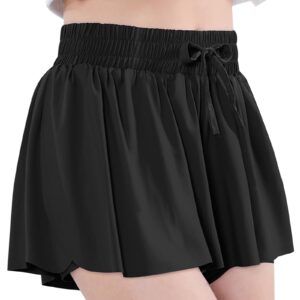 EXARUS Girls Butterfly Shorts Flowy Athletic 2 in 1 Running Skirt Skorts Dance Cheer Tennis Preppy Flutter Gym Kids Activewear Black 10Y