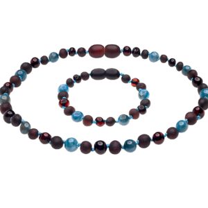 Genuine Amber Necklace & Bracelet From Baltic Sea Made With Unpolished Cherry Polished Cherry and Apatite 34 & 15 cm (13.4 & 5.9 Inches), Black