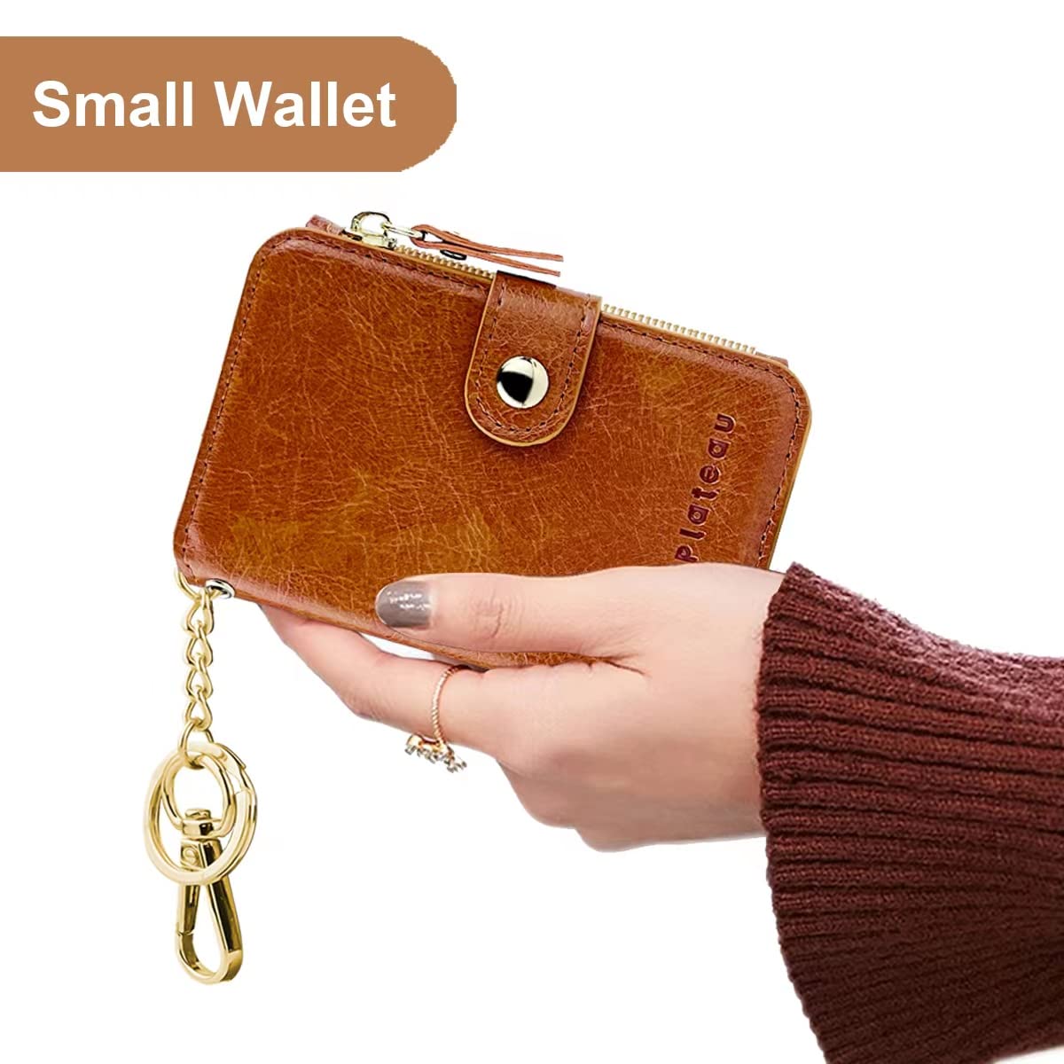 Keychain Wallet with ID Window, Small Rfid Blocking Wallet with Credit Card Holder for Women Leather Minimalist Wallet for Men (brown)