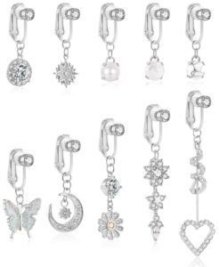 revolia 10pcs fake belly button rings for women dangle navel rings cz clip on belly rings set fake belly piercing jewelry silver-tone