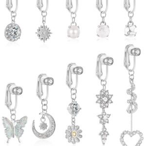 REVOLIA 10Pcs Fake Belly Button Rings for Women Dangle Navel Rings CZ Clip On Belly Rings Set Fake Belly Piercing Jewelry Silver-tone