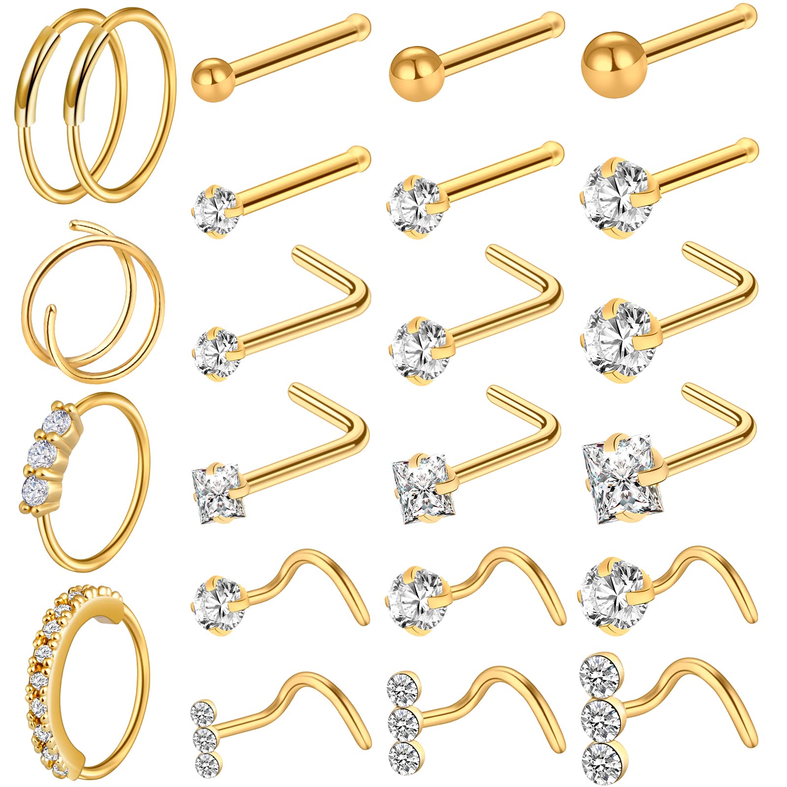 ONESING 23Pcs Gold Nose Rings for Women 20G Nose Piercing Jewelry L Shape Nose Studs Nose Rings Hoop Nose Jewelry Gold Stainless Steel Studs Screw Body Piercing Jewelry for Women Men