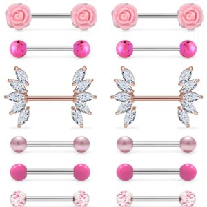 Msndnkwo Nipple Rings for Women Nipple Piercing Jewelry 14G Surgical steel Cubic zircon 14mm Silver/Pink/Purple/Rose Gold 8 Pairs Barbell Body Piercing Jewelry