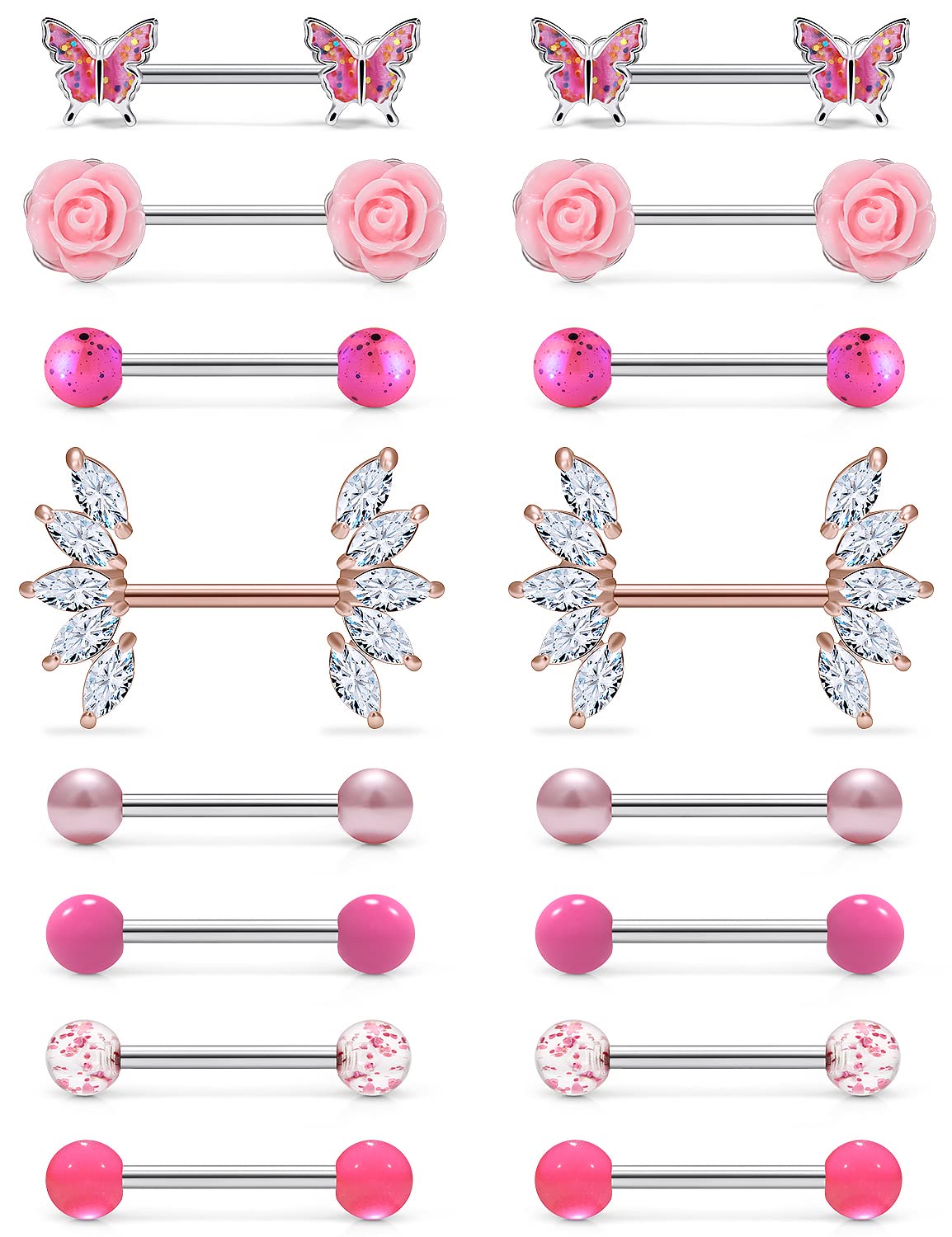 Msndnkwo Nipple Rings for Women Nipple Piercing Jewelry 14G Surgical steel Cubic zircon 14mm Silver/Pink/Purple/Rose Gold 8 Pairs Barbell Body Piercing Jewelry