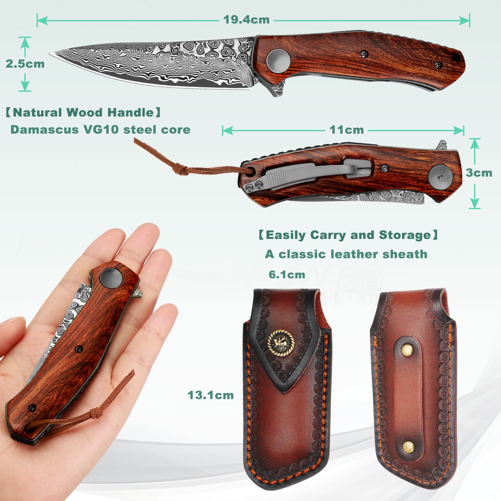 Benkey Damascus Folding Knife with Clip Leather Sheath Camping Knife EDC, Sharp Damascus Pocket Knife Handmade with Liner Lock and Wood Handle for Outdoor Survival Hunting Collection