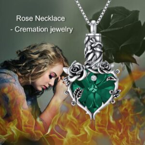 TOUPOP Emerald Rose Urn Necklace for Ashes for Women with s925 Silver Heart Crystal Rose Flower Ashes Pendant Necklaces Cremation Jewelry for Ashes Memorial Gift for Women Keepsake w/Funnel