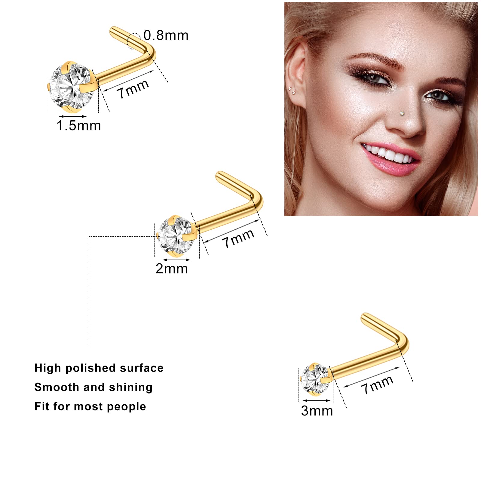 ONESING 23Pcs Gold Nose Rings for Women 20G Nose Piercing Jewelry L Shape Nose Studs Nose Rings Hoop Nose Jewelry Gold Stainless Steel Studs Screw Body Piercing Jewelry for Women Men