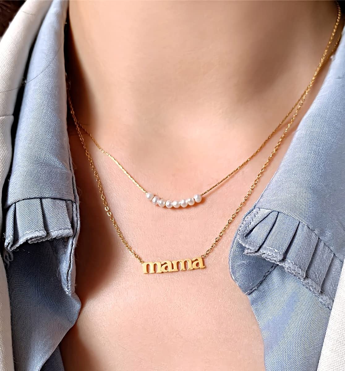 Mama Necklace for Women 18K Gold Plated Mom Pendant Stainless Steel Silver Letter Gift Personalized Jewelry for Mother and Daughter (Gold 1)