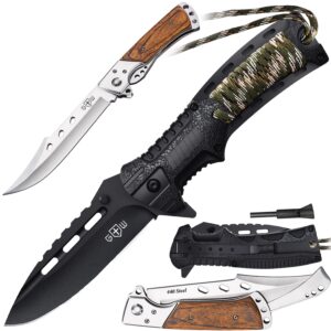 grand way bundle of 2 items hunting folding knife with rosewood handle - best edc survival hiking hunting camping knife - knife with firestarter and whistle