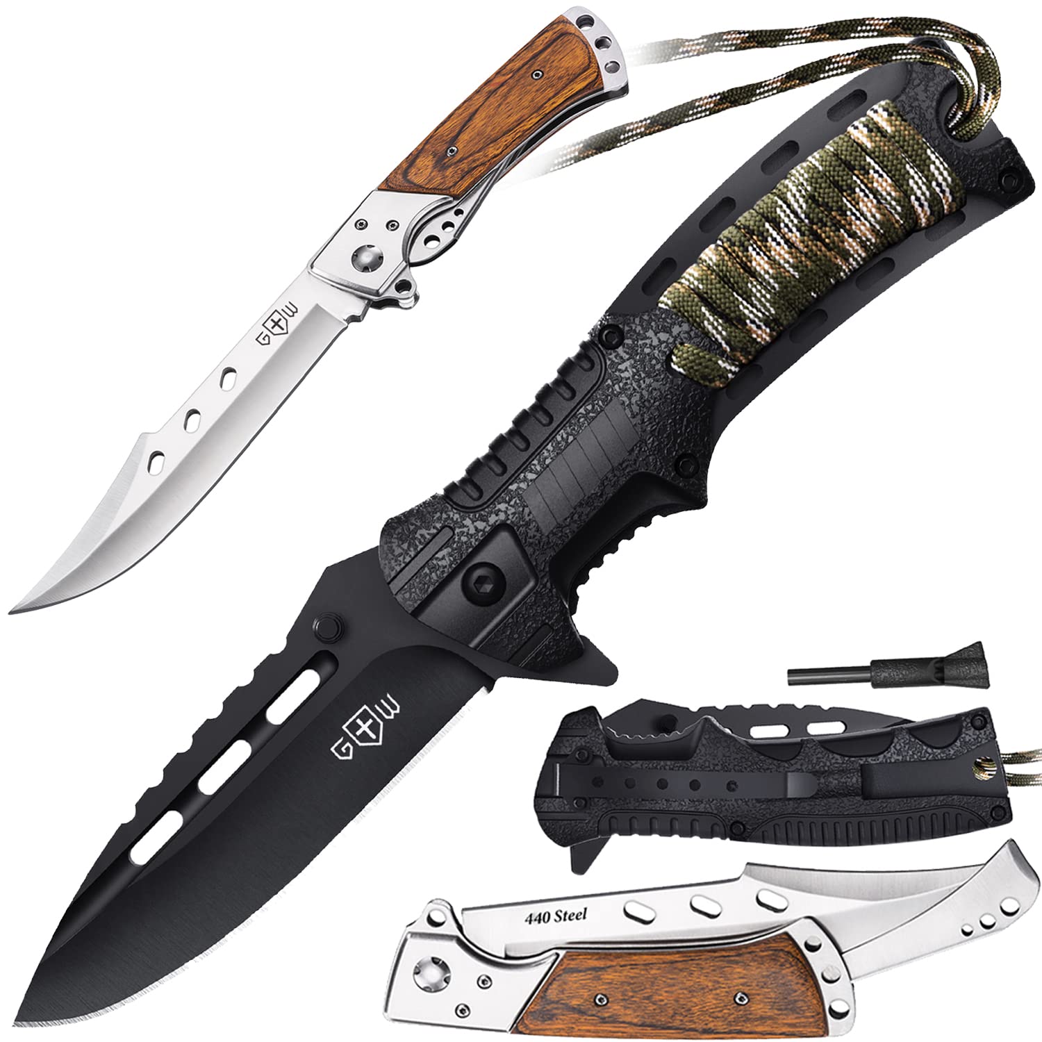 Grand Way Bundle of 2 Items Hunting Folding Knife with Rosewood Handle - Best EDC Survival Hiking Hunting Camping Knife - Knife with Firestarter and Whistle