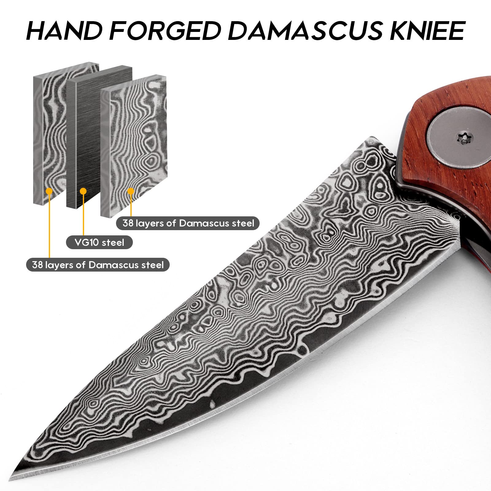 Benkey Damascus Folding Knife with Clip Leather Sheath Camping Knife EDC, Sharp Damascus Pocket Knife Handmade with Liner Lock and Wood Handle for Outdoor Survival Hunting Collection