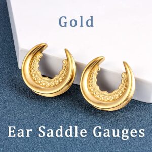 LADEMAYH 2Pcs 1 inch Gauges for Ears, Elegant Gold 25mm Gauges for Ears, Chic Design 1 inch Plugs for Ears Surgical Steel Saddle Plugs Tunnels Ear Gauges Earrings