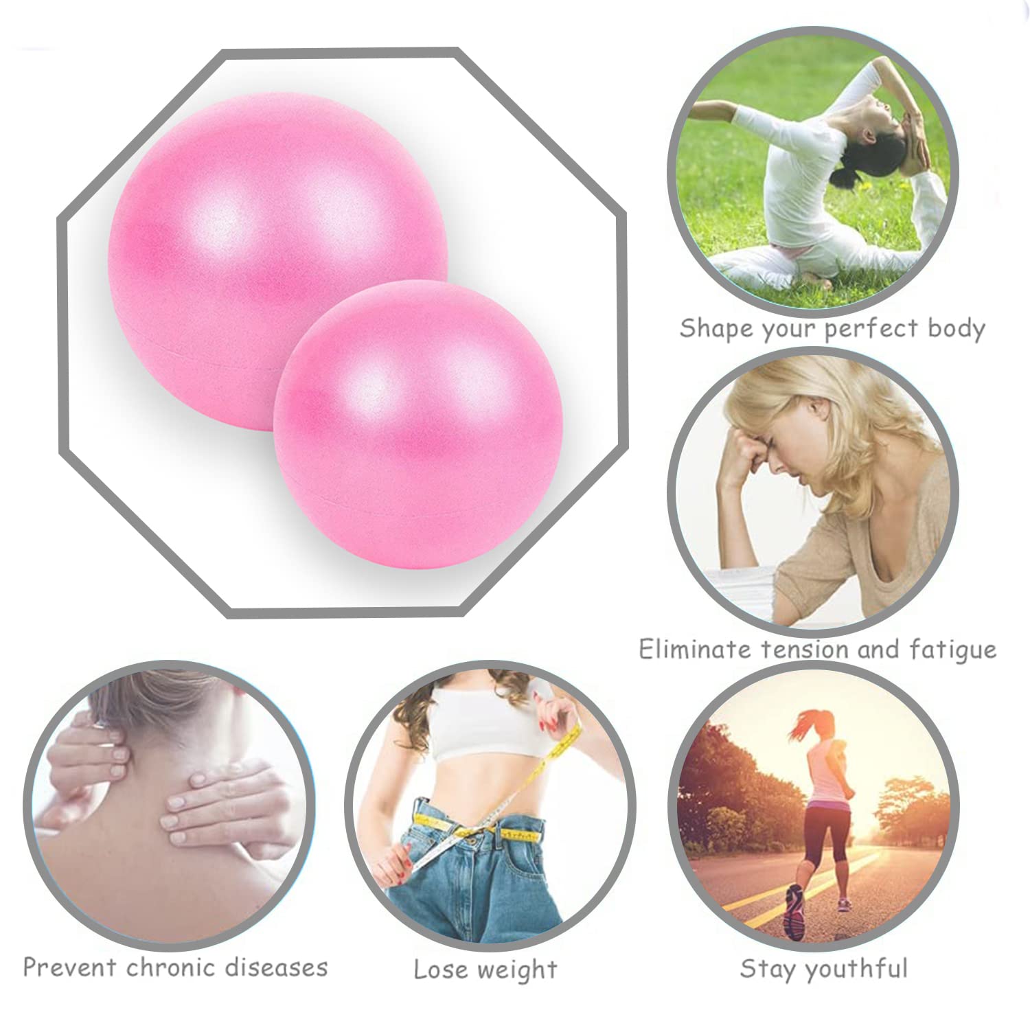 JUFANGFIN 2 Pcs Pilates Exercise Ball Mini 6 Inch Yoga Ball with Pump,Small Barre for Workout Fitness Balance Physical Therapy (Pink, 6 Inch+9 Inch)