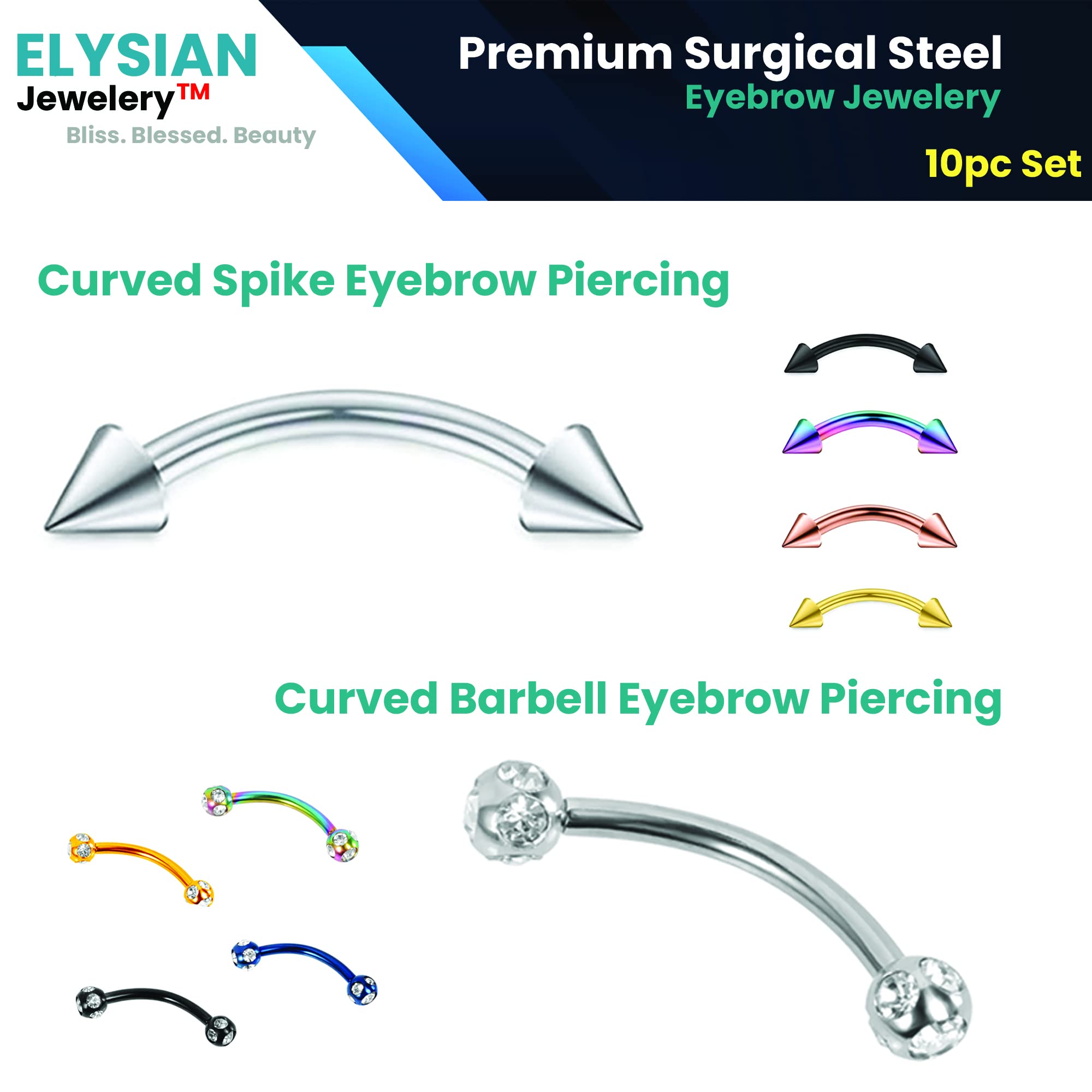 ELYSIAN 10Pcs tainless Steel Rook Daith Earrings Belly Lip Ring Eyebrow Studs Cartilage Tragus Cubic Zirconia Barbell Body Piercing 8mm (5/16''), Blue, Black, Green, Gold, Pink, Purple, Silver