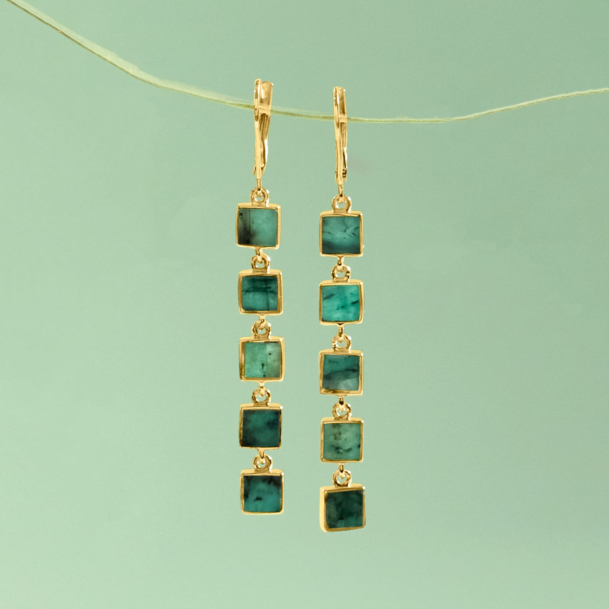 Ross-Simons 7.25 ct. t.w. Emerald Square-Link Drop Earrings in 18kt Gold Over Sterling