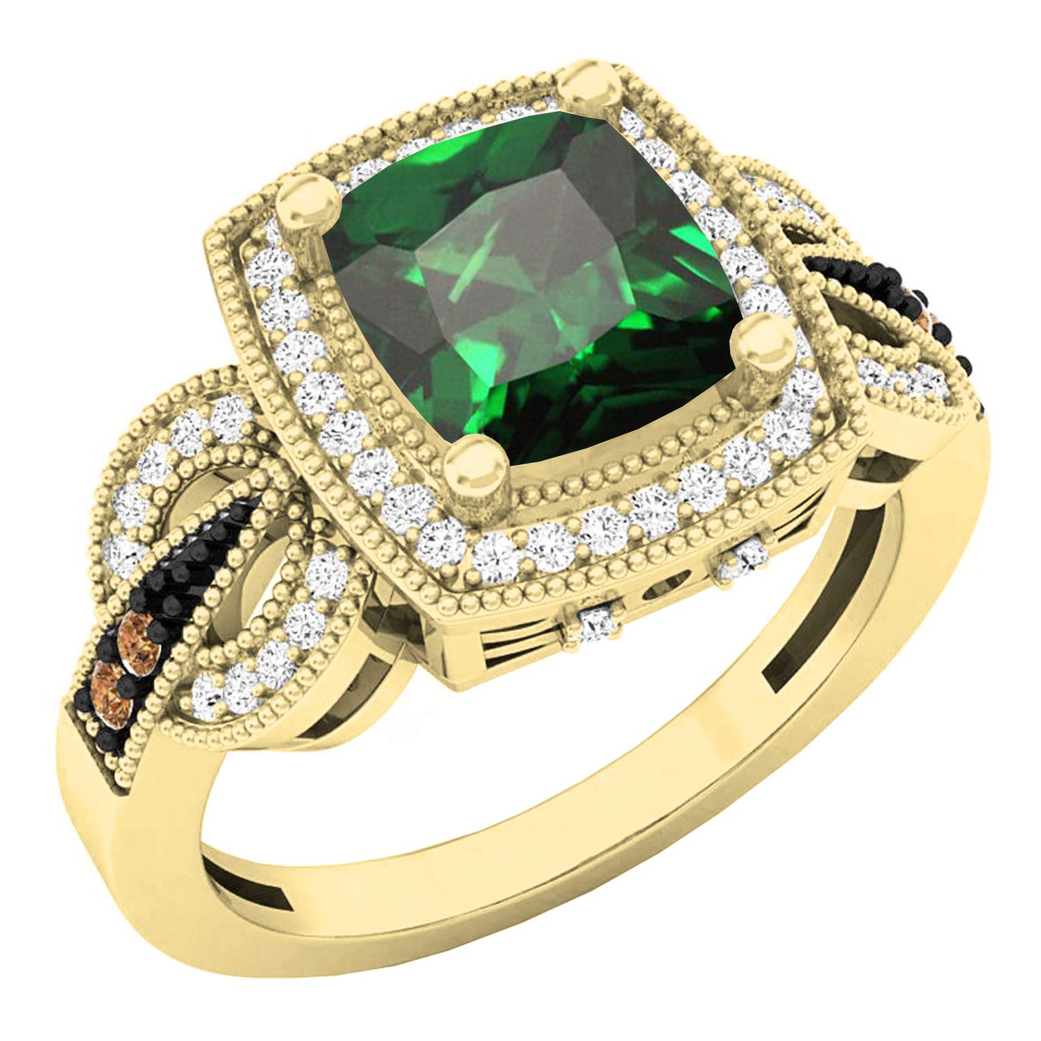 Dazzlingrock Collection 18K 8X7 MM Lab Created Emerald, Champagne & White Diamond Women Ring, Yellow Gold, Size 7