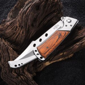 Grand Way Bundle of 2 Items Hunting Folding Knife with Rosewood Handle - Best EDC Survival Hiking Hunting Camping Knife - Knife with Firestarter and Whistle