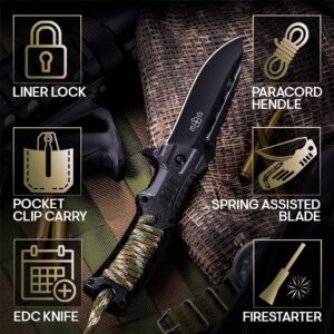 Grand Way Bundle of 2 Items Hunting Folding Knife with Rosewood Handle - Best EDC Survival Hiking Hunting Camping Knife - Knife with Firestarter and Whistle