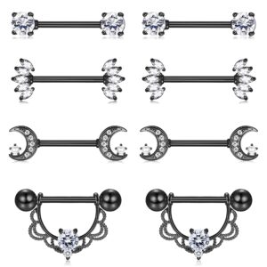 finrezio 4pairs 14g nipple rings 316l surgical steel moon flower nipple tongue ring barbell piercing for women body piercing jewelry