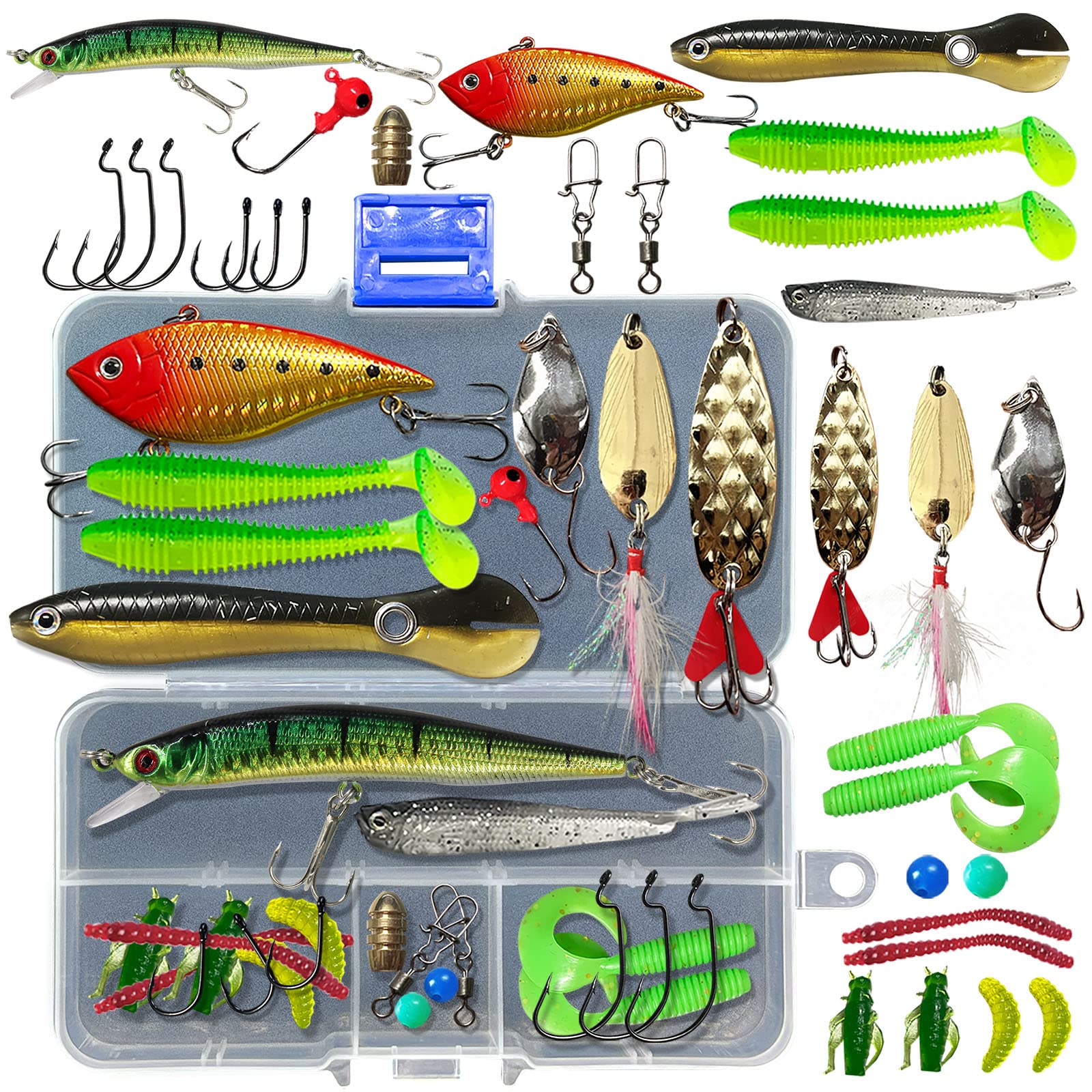 UperUper Fishing Lures Kit Set, Baits Tackle Including Crankbaits, Topwater Lures, Spinnerbaits, Worms, Jigs, Hooks, Tackle Box and More Fishing Gear Lures for Bass Trout