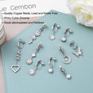 REVOLIA 10Pcs Fake Belly Button Rings for Women Dangle Navel Rings CZ Clip On Belly Rings Set Fake Belly Piercing Jewelry Silver-tone