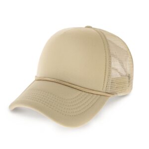 classic foam trucker hat summer mesh cap solid two toned blank foamhead hat for mens womens adjustable strap light weight (khaki)