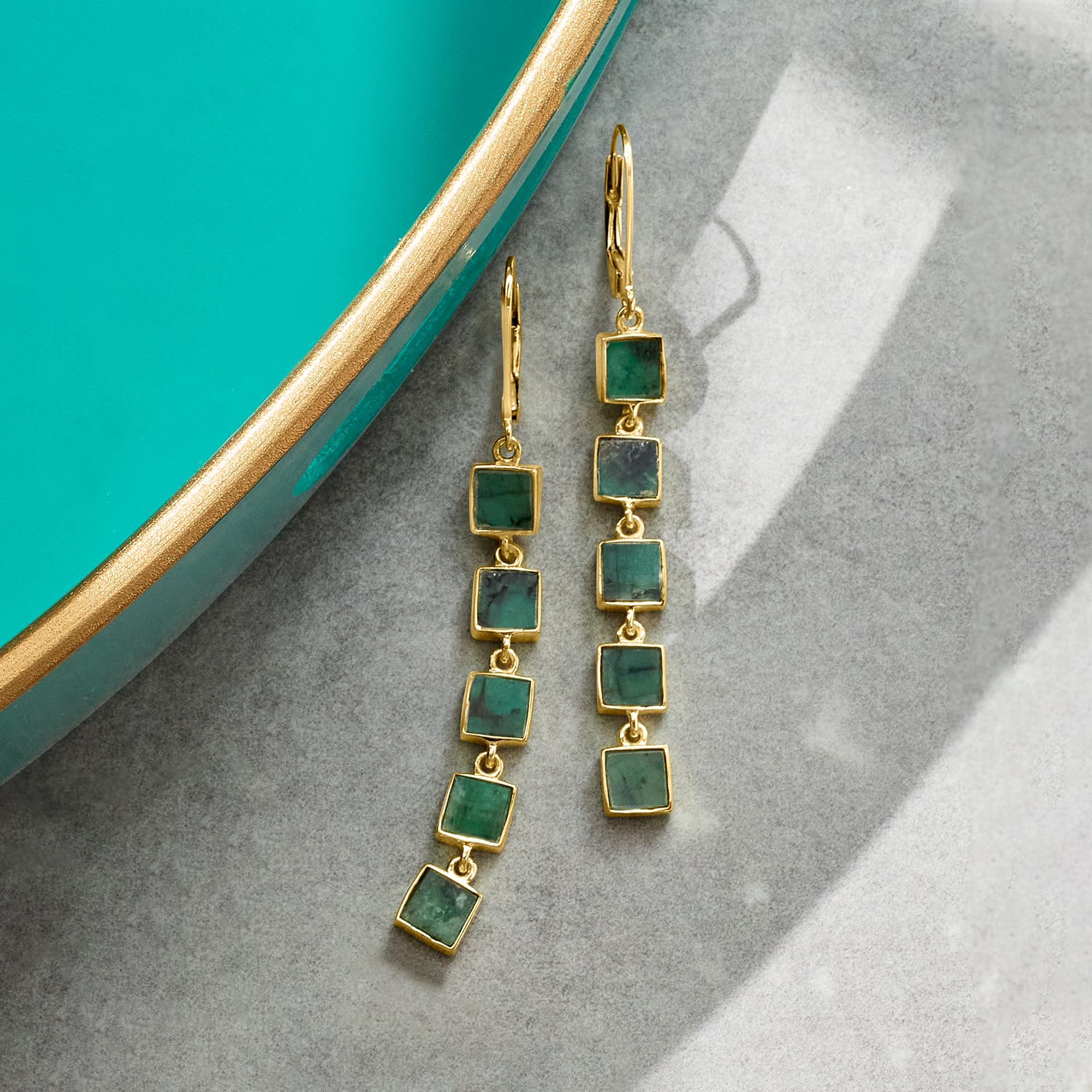 Ross-Simons 7.25 ct. t.w. Emerald Square-Link Drop Earrings in 18kt Gold Over Sterling