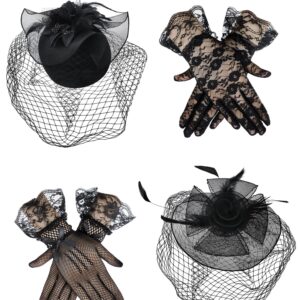 JenPen 4 Pcs Fascinator Hat for Women Tea Party Headwear Feathers Veil Mesh Headband Floral Short Lace Gloves 20s 50s Costume Accessories for Wedding Black